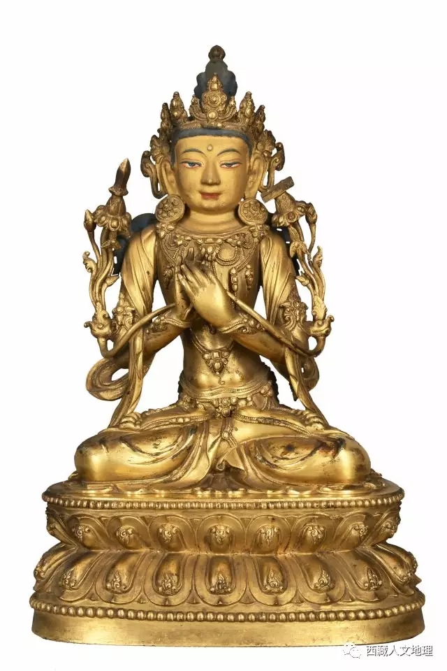 中国佛像明宣德款镀金铜文殊菩萨坐像